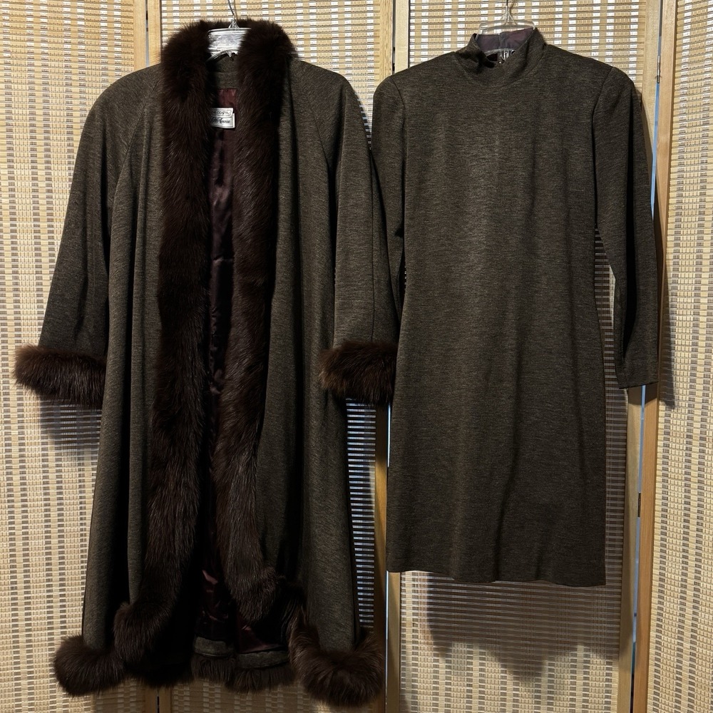 Vtg Victor Costa Set Fox Fur Trim Cape Jacket Dress Brown Old Money Preppy Sz 4